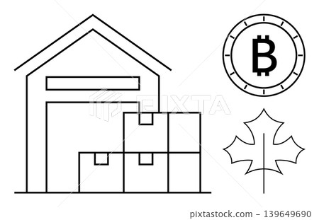 Logistics, cryptocurrency, shipping, technology, ecommerce, global trade. Warehouse with boxes, bitcoin symbol maple leaf. Logistics and cryptocurrency concept for modern business and trade Logistics, cryptocurrency, shipping, technology, ecommerce, global trade. Warehouse with boxes, bitcoin symbol maple leaf. Logistics and cryptocurrency concept for modern business and trade 139649690