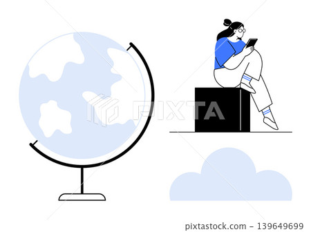 Education, global communication, technology, online learning, student growth, digital resources. Globe with continents, student reading on cube cloud icon. Education and global communication visuals Education, global communication, technology, online learning, student growth, digital resources. Globe with continents, student reading on cube cloud icon. Education and global communication visuals 139649699