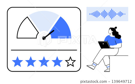 Customer feedback, satisfaction measurement, user experience, digital evaluation, online rating, data analytics. Gauge with stars and person on a laptop. Customer feedback and satisfaction Customer feedback, satisfaction measurement, user experience, digital evaluation, online rating, data analytics. Gauge with stars and person on a laptop. Customer feedback and satisfaction 139649712