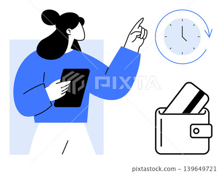 Time management, digital payment, financial planning, scheduling, productivity tools, personal finance. A person pointing to a clock and holding a tablet, with wallet and credit card icons. Time 139649721