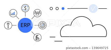 Cloud software, enterprise management, business tools, digital transformation, process optimization, data integration. Diagram showing ERP surrounded by icons and cloud. ERP system and enterprise Cloud software, enterprise management, business tools, digital transformation, process optimization, data integration. Diagram showing ERP surrounded by icons and cloud. ERP system and enterprise 139649725
