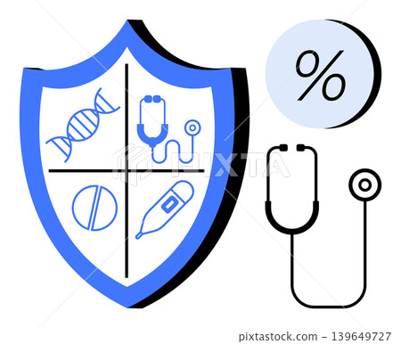 Healthcare, medical insurance, preventive care, health icons, diagnostics, medical tools. Blue shield with DNA, pill thermometer stethoscope icons and percentage sign. Healthcare and medical Healthcare, medical insurance, preventive care, health icons, diagnostics, medical tools. Blue shield with DNA, pill thermometer stethoscope icons and percentage sign. Healthcare and medical 139649727