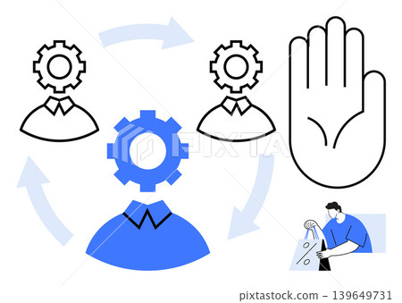 Workflow management, data protection, cybersecurity, teamwork dynamics, operational control, digital security. Gears, users arrows stop hand worker with paper. Workflow management and data 139649731