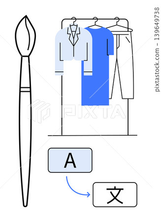 Language translation, creative tools, fashion design, modern communication, global trends, visual art. Clothes on hangers, brush and language symbols. Language translation and creative tools theme Language translation, creative tools, fashion design, modern communication, global trends, visual art. Clothes on hangers, brush and language symbols. Language translation and creative tools theme 139649738