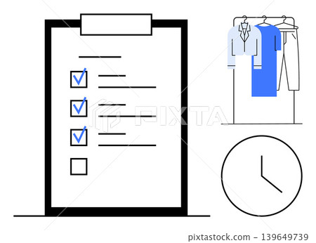 Productivity, organization, time management, personal planning, goal setting, office routine. A checklist, clock and wardrobe. Productivity and organization concepts with simple elements 139649739