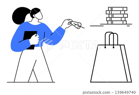 Online shopping, e-commerce, digital payments, retail, consumerism, education materials. Woman holding a tablet and offering a payment card near books and a shopping bag. Online shopping and digital Online shopping, e-commerce, digital payments, retail, consumerism, education materials. Woman holding a tablet and offering a payment card near books and a shopping bag. Online shopping and digital 139649740