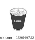Takeaway cup of cafe latte, latte art, hand-drawn line art illustration. 139649782