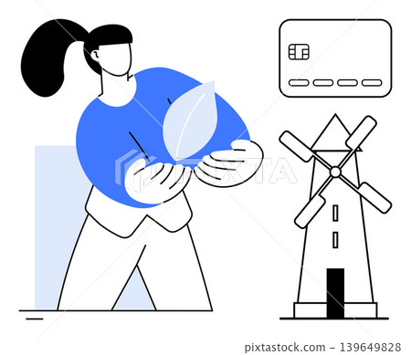 Renewable energy, eco-friendly living, clean finance, sustainability practices, green banking, environmental awareness. Person holding a leaf symbol, windmill credit card. Renewable energy 139649828