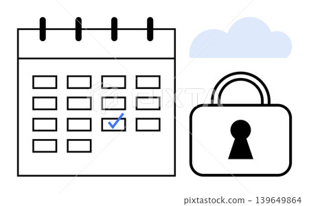 Data protection, time management, security planning, cloud storage, online privacy, organization. Calendar with checkmark, lock icon and cloud symbol. Data protection and time management concept Data protection, time management, security planning, cloud storage, online privacy, organization. Calendar with checkmark, lock icon and cloud symbol. Data protection and time management concept 139649864