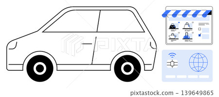E-commerce, online shopping, digital transactions, transportation, car dealership, internet services. A car with an online marketplace interface and digital connectivity elements. E-commerce E-commerce, online shopping, digital transactions, transportation, car dealership, internet services. A car with an online marketplace interface and digital connectivity elements. E-commerce 139649865
