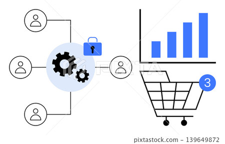 E-commerce, online shopping, data security, customer network, analytics, technology systems. Shopping cart with notification, gears with lock bar chart user connections. E-commerce and data E-commerce, online shopping, data security, customer network, analytics, technology systems. Shopping cart with notification, gears with lock bar chart user connections. E-commerce and data 139649872