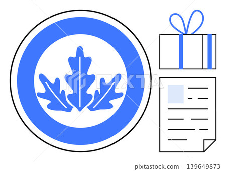 Branding, gifting, nature, documentation, eco-awareness, certifications. Blue circular leaf emblem with a gift box and a document. Branding and gifting Branding, gifting, nature, documentation, eco-awareness, certifications. Blue circular leaf emblem with a gift box and a document. Branding and gifting 139649873