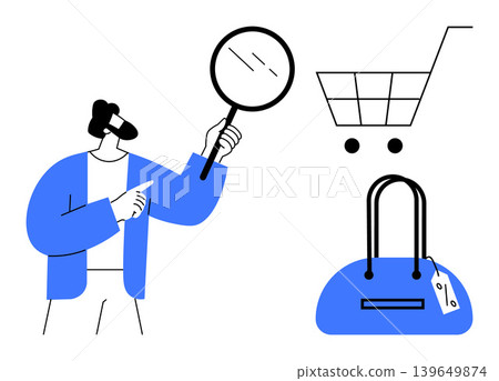 E-commerce, retail shopping, product search, customer choice, consumer behavior, fashion retail. Person inspecting with magnifying glass, shopping cart handbag with price tag. E-commerce and retail E-commerce, retail shopping, product search, customer choice, consumer behavior, fashion retail. Person inspecting with magnifying glass, shopping cart handbag with price tag. E-commerce and retail 139649874
