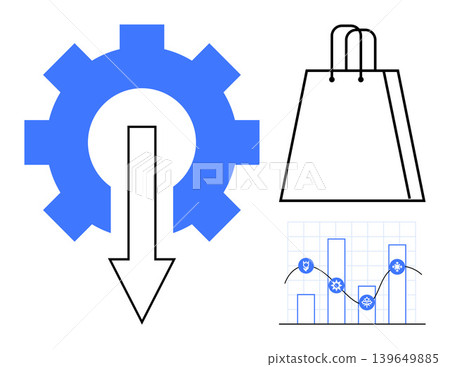 E-commerce solutions, automation, business efficiency, technology, data analysis, shopping trends. Blue gear with arrow, shopping bag graph with icons. E-commerce and automation concept 139649885