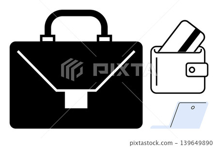 Finance, digital transactions, business organization, corporate identity, banking tools, professional equipment. Black briefcase, wallet with credit card laptop outline. Finance and business Finance, digital transactions, business organization, corporate identity, banking tools, professional equipment. Black briefcase, wallet with credit card laptop outline. Finance and business 139649890