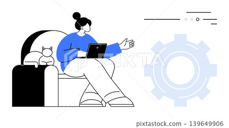 Remote work, productivity, technology, creative workflow, teamwork, casual workspace. A woman sits on a couch with a laptop, a cat and gear icons technology. Remote work and productivity theme Remote work, productivity, technology, creative workflow, teamwork, casual workspace. A woman sits on a couch with a laptop, a cat and gear icons technology. Remote work and productivity theme 139649906