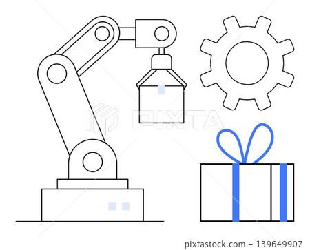 Automation, robotics, gift production, engineering, industrial design, software innovation. A robotic arm beside a gear and gift box. Automation and robotics concept Automation, robotics, gift production, engineering, industrial design, software innovation. A robotic arm beside a gear and gift box. Automation and robotics concept 139649907