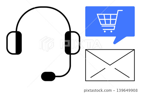 E-commerce, online shopping, customer support, communication, virtual assistant, chat systems. Headset with speech bubble displaying cart icon and envelope. E-commerce and customer support concepts 139649908
