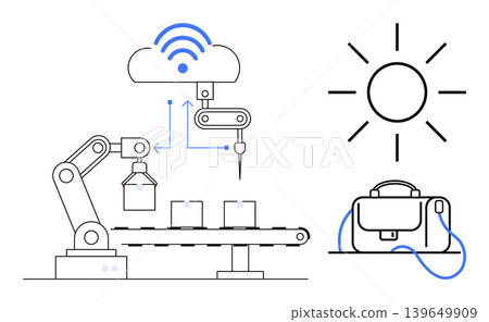 Smart factories, IoT, cloud integration, renewable energy, sustainable production, logistics. Robotic arm on assembly line, solar panel connected to device. Smart factories and IoT concept 139649909
