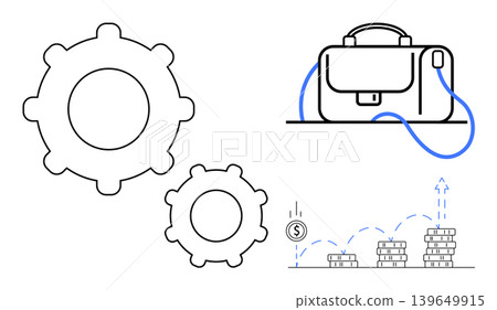 Business management, workflow optimization, financial growth, investment strategies, development planning, resource management. Black and white gears, money bag and coin stack icon. Business Business management, workflow optimization, financial growth, investment strategies, development planning, resource management. Black and white gears, money bag and coin stack icon. Business 139649915