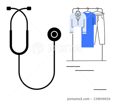 Healthcare services, medical tools, professional attire, design balance, work-life balance, hybrid industries. A stethoscope next to hanging clothes. Healthcare and professional attire 139649916