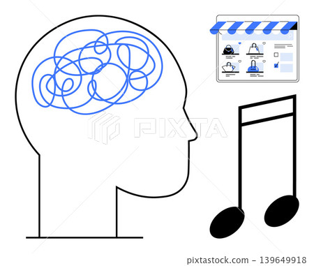 Mental health, music therapy, online services, brain activity, creativity, digital connectivity. Head profile with tangled brain, music note and online store icon. Mental health and music therapy Mental health, music therapy, online services, brain activity, creativity, digital connectivity. Head profile with tangled brain, music note and online store icon. Mental health and music therapy 139649918
