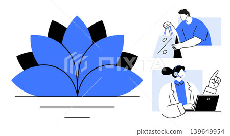 Wellness, e-commerce, customer support, digital interaction, mindfulness, lifestyle. Blue lotus in center, person holding shopping bag person at computer. Wellness and e-commerce 139649954
