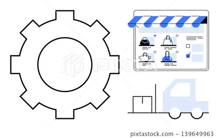Online shopping, digital marketing, logistics, automation, retail management, delivery services. Gear icon, e-commerce webpage and delivery truck. Online shopping and logistics concept 139649963