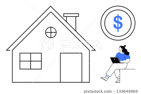 Real estate, home financing, remote work, property investment, digital economy, freelance lifestyle. A minimalist house, dollar symbol and a person working on a laptop. Real estate and home Real estate, home financing, remote work, property investment, digital economy, freelance lifestyle. A minimalist house, dollar symbol and a person working on a laptop. Real estate and home 139649969