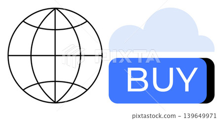 E-commerce, international trade, cloud services, digital shopping, technology, online transactions. Globe symbol and cloud with buy button. E-commerce and international trade idea E-commerce, international trade, cloud services, digital shopping, technology, online transactions. Globe symbol and cloud with buy button. E-commerce and international trade idea 139649971