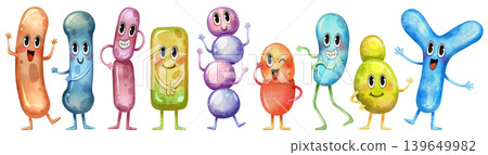 Hand-drawn watercolor set of cute probiotic and prebiotic bacteria characters. Colorful microorganism illustrations for health, gut flora, and digestive system concepts. Transparency background. 139649982