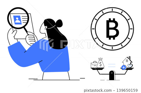 Digital security, cryptocurrency, investment analysis, personal data protection, finance management, modern economy. Person analyzing ID, Bitcoin symbol and balanced scale. Digital security 139650159