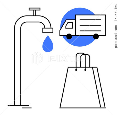 Sustainability, online shopping, water efficiency, transportation, delivery services, eco-friendly solutions. A faucet with a water drop, a delivery truck and a shopping bag. Water efficiency 139650160