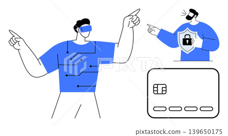 Technology, digital security, online transactions, identity verification, virtual reality, information protection. A VR user, shield security icon and a credit card highlighted. Digital security Technology, digital security, online transactions, identity verification, virtual reality, information protection. A VR user, shield security icon and a credit card highlighted. Digital security 139650175