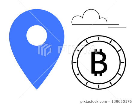 Cryptocurrency, navigation, blockchain, digital finance, mapping, fintech innovation. Blue location pin, Bitcoin symbol within a circle minimal cloud icon. Cryptocurrency and navigation concept Cryptocurrency, navigation, blockchain, digital finance, mapping, fintech innovation. Blue location pin, Bitcoin symbol within a circle minimal cloud icon. Cryptocurrency and navigation concept 139650176