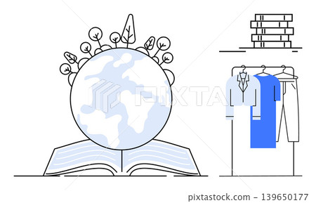Environmental awareness, sustainable education, eco-friendly fashion, global impact, knowledge growth, climate change action. Globe with plants on a book and garments on a rack. Sustainability Environmental awareness, sustainable education, eco-friendly fashion, global impact, knowledge growth, climate change action. Globe with plants on a book and garments on a rack. Sustainability 139650177