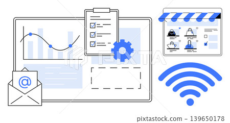 E-commerce, business planning, digital marketing, analytics, email communication, wireless connections. Email, data charts checklist online store wireless icon. Digital marketing and e-commerce E-commerce, business planning, digital marketing, analytics, email communication, wireless connections. Email, data charts checklist online store wireless icon. Digital marketing and e-commerce 139650178
