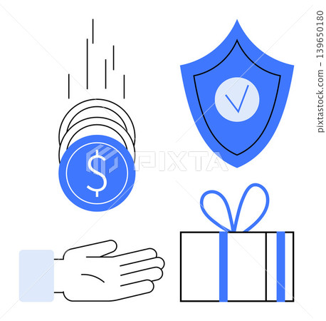 Finance management, secure payments, bonus programs, online shopping, trust services, safety. are coins, a shield with a checkmark and a gift box. Finance management and secure payments concept Finance management, secure payments, bonus programs, online shopping, trust services, safety. are coins, a shield with a checkmark and a gift box. Finance management and secure payments concept 139650180