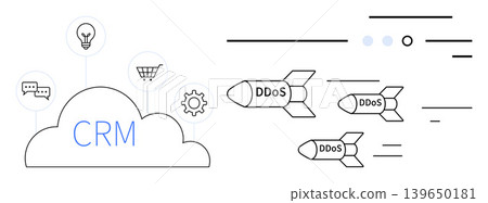 Cybersecurity, DDoS attacks, cloud computing, CRM system, data protection, online services. Cloud-based CRM tools linked to icons and DDoS missiles attacking. Cybersecurity and DDoS attack concept Cybersecurity, DDoS attacks, cloud computing, CRM system, data protection, online services. Cloud-based CRM tools linked to icons and DDoS missiles attacking. Cybersecurity and DDoS attack concept 139650181
