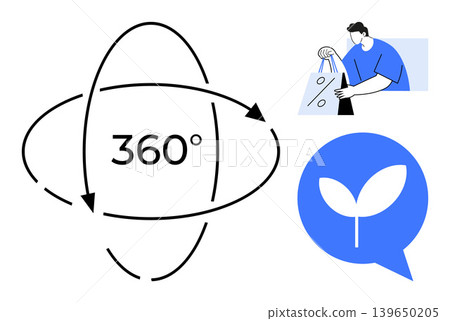 Circular economy, eco-friendly practices, sustainability symbols, online shopping innovation, consumer behavior, environmental awareness. A 360-degree loop, a shopper and a leaf graphic. Circular Circular economy, eco-friendly practices, sustainability symbols, online shopping innovation, consumer behavior, environmental awareness. A 360-degree loop, a shopper and a leaf graphic. Circular 139650205
