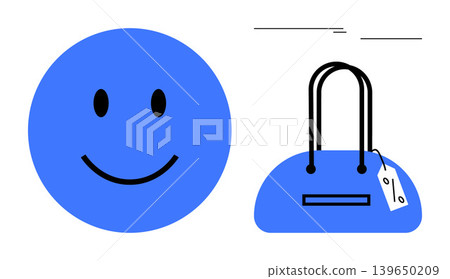 Shopping, retail, e-commerce, fashion, branding, marketing. A blue happy face next to a handbag with a price tag. Shopping and retail are through simple, bold visuals Shopping, retail, e-commerce, fashion, branding, marketing. A blue happy face next to a handbag with a price tag. Shopping and retail are through simple, bold visuals 139650209