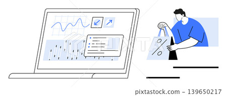 E-commerce, analytics, business growth, consumer trends, shopping behaviors, retail success. A laptop screen shows data and graphs next to a shopper with bags. E-commerce and analytics concept E-commerce, analytics, business growth, consumer trends, shopping behaviors, retail success. A laptop screen shows data and graphs next to a shopper with bags. E-commerce and analytics concept 139650217