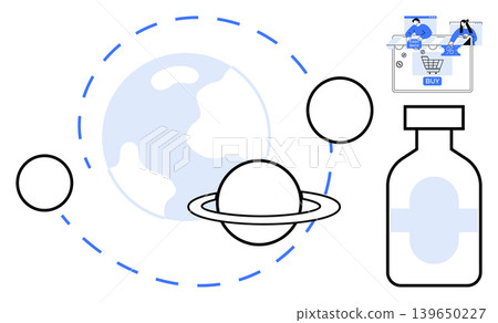 Online shopping, pharmacy technology, space exploration, future innovation, global connectivity, e-commerce. Earth, planet with rings medical vial and e-commerce shopping cart. Pharmacy technology Online shopping, pharmacy technology, space exploration, future innovation, global connectivity, e-commerce. Earth, planet with rings medical vial and e-commerce shopping cart. Pharmacy technology 139650227