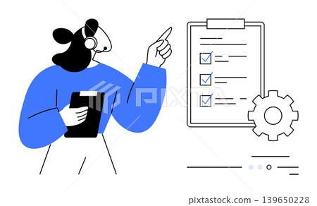 Customer service, workflow optimization, task management, productivity, remote work, teamwork. Woman with headset pointing to checklist clipboard and gear. Customer service and workflow optimization Customer service, workflow optimization, task management, productivity, remote work, teamwork. Woman with headset pointing to checklist clipboard and gear. Customer service and workflow optimization 139650228
