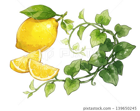 A mouthwatering illustration of lemons and ivy. A mouthwatering illustration of lemons and ivy. 139650245