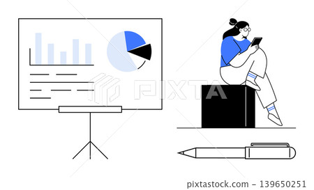 Business strategy, education materials, data analysis, remote work, professional planning, modern technology. Graphs and charts on a screen, woman with tablet pen. Business strategy and data 139650251