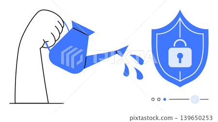 Cybersecurity, data protection, growth, safe practices, online safety, secure technology. Hand pouring water from a watering can onto a shield with a lock. Cybersecurity and online safety concept Cybersecurity, data protection, growth, safe practices, online safety, secure technology. Hand pouring water from a watering can onto a shield with a lock. Cybersecurity and online safety concept 139650253