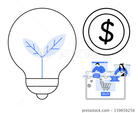 Sustainable energy, digital shopping, online payments, eco-friendly innovation, financial technology, e-commerce. Lightbulb with leaf, dollar symbol and online shopping cart. Sustainable energy Sustainable energy, digital shopping, online payments, eco-friendly innovation, financial technology, e-commerce. Lightbulb with leaf, dollar symbol and online shopping cart. Sustainable energy 139650256
