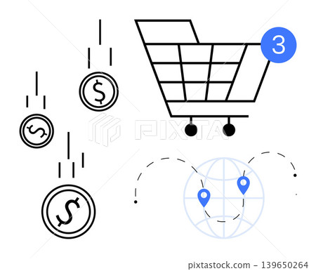 Online shopping, global trade, digital payment, retail analytics, finance, logistics. Shopping cart with notification, coins dropping globe with pins. Online shopping and global trade concept Online shopping, global trade, digital payment, retail analytics, finance, logistics. Shopping cart with notification, coins dropping globe with pins. Online shopping and global trade concept 139650264