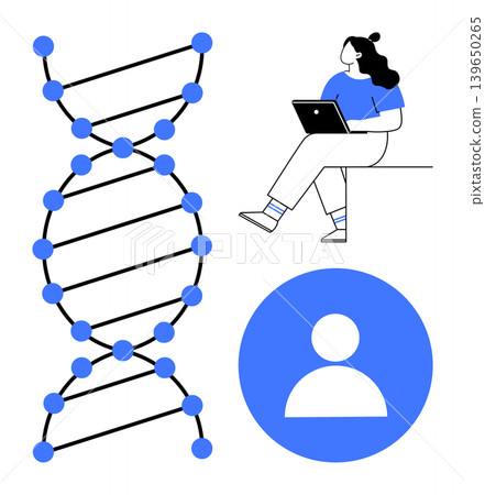 Genetics research, digital data, user identity, biotechnology, health information, online platforms. DNA , person with laptop user icon. Genetics research and digital data concept Genetics research, digital data, user identity, biotechnology, health information, online platforms. DNA , person with laptop user icon. Genetics research and digital data concept 139650265